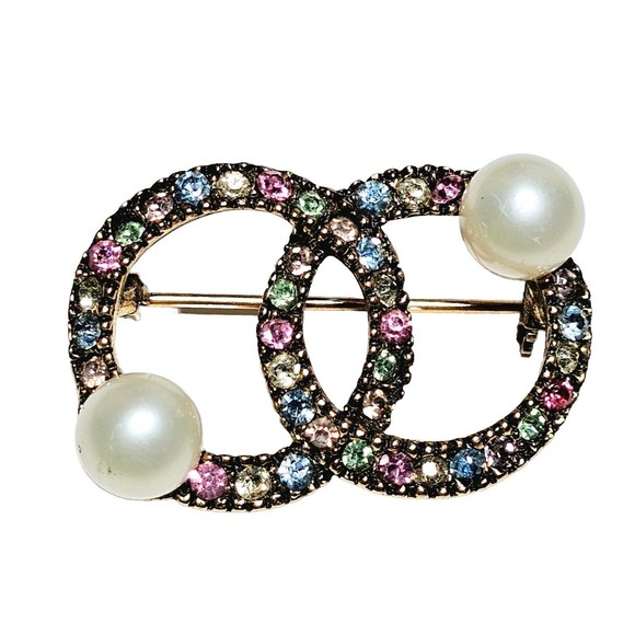 Vintage Interlocking Circle Brooch Faux Pearls &  Crystals Gold Tone Valentine! - Picture 2 of 5